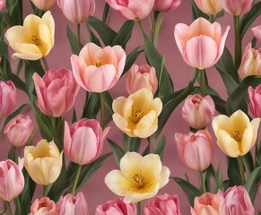 Obraz premium Delicate tulip blooms in shades of pink and yellow forming a seamless and elegant pattern, sophisticated, artistic patterns, blossoming flowers