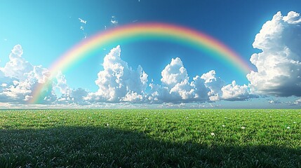 Vibrant rainbow arcing over a lush green field under a partly cloudy sky.