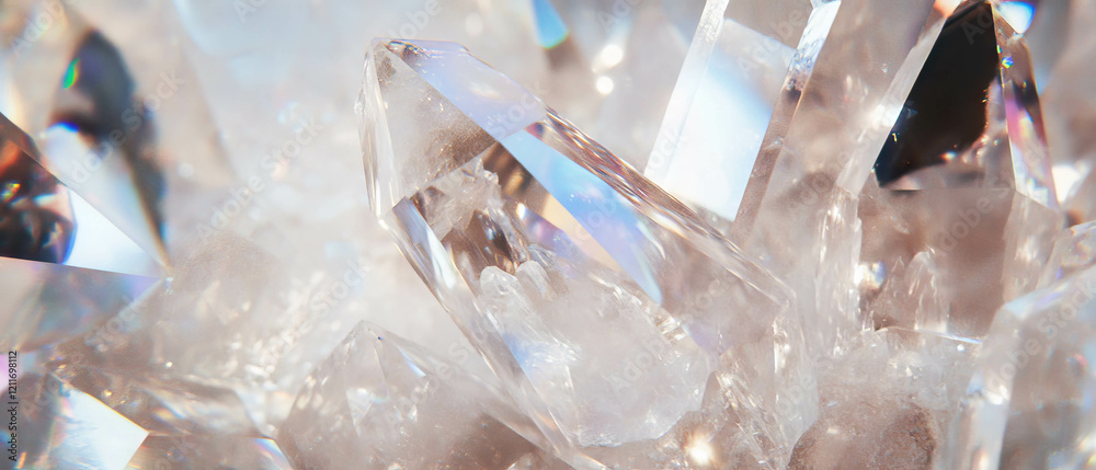 Poster exploring the intricate beauty of crystals with geometric shapes and transparency