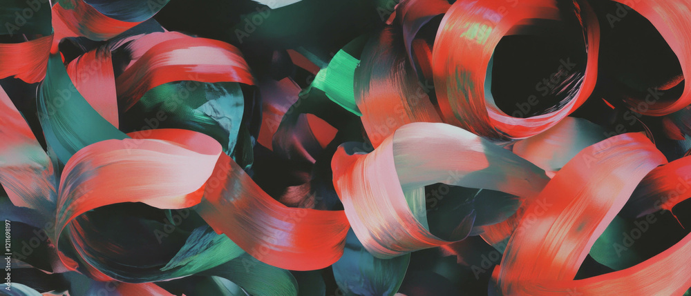 Poster colorful curled ribbons in spirals create a lively and playful texture