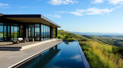 Fototapeta premium luxury Bungalow sitting on a hill with panoramic views of the valley below, showcasing sharp architectural lines, glass walls, and a pool