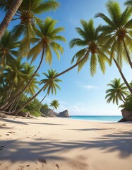 Obraz premium Serenity on a tropical sandy beach with palm trees and clear blue sky, sandy beach, tropical, coastal