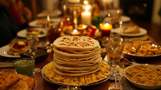A cozy dining table set with various Indian dishes, with a stack of warm, fluffy rotis in the center, inviting guests to enjoy a delicious and communal meal.