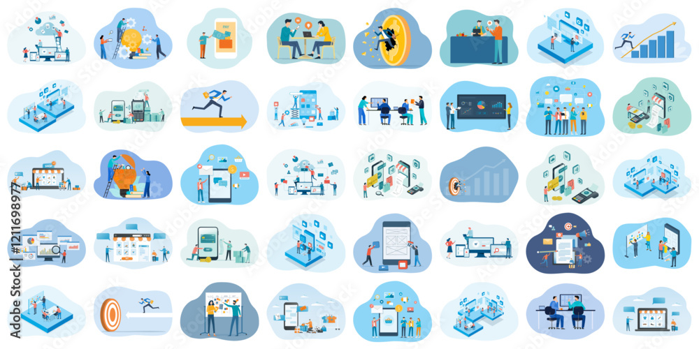 Aufkleber set business flat vector illustration design style concept. business cartoon character active design. team working meeting. business planning. data analytics. finance investment concept.