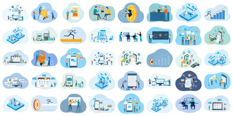 set business flat vector illustration design style concept. business cartoon character active design. team working meeting. business planning. data analytics. finance investment concept.