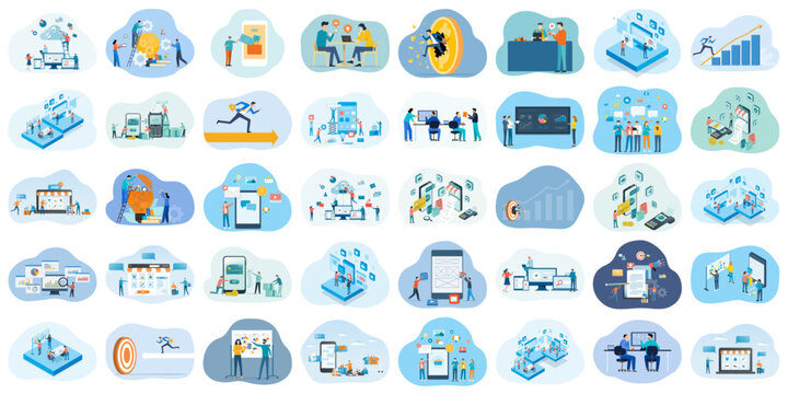 set business flat vector illustration design style concept. business cartoon character active design. team working meeting. business planning. data analytics. finance investment concept.