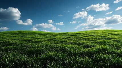 Obraz premium Lush Green Grass Fields Under Bright Blue Sky and Fluffy Clouds