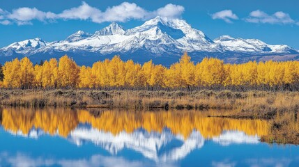 Golden Aspens Reflecting Snowy Mountains In Calm Water