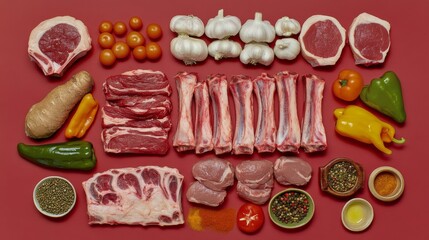 A creative flat lay of various types of fresh meat, including beef, pork, and chicken, alongside colorful vegetables and spices, arranged for a vibrant presentation