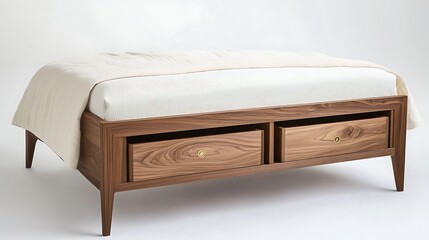 Modern Walnut Bed with Integrated Storage Drawers