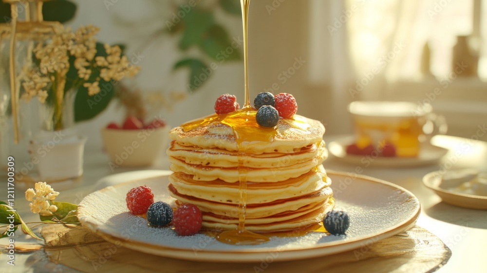 Poster A creative representation of condensed milk being poured over a stack of pancakes, with syrup and berries in the background, emphasizing a delicious breakfast moment.