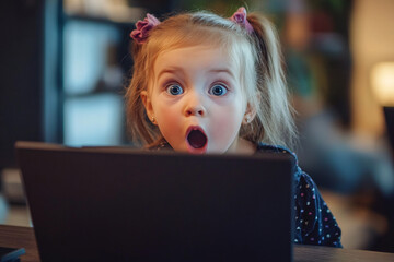 surprised little girl looking at laptop at home