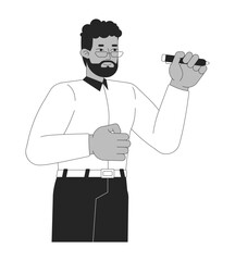 Professional african american man writing with pen marker black and white 2D line character. Goal-oriented black entrepreneur isolated vector outline person. Monochromatic spot illustration