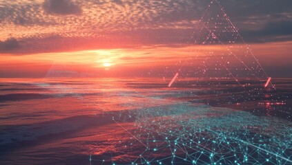 Sunset over ocean with digital network overlay.