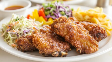 Fototapeta premium A deliciously crispy plate of fried pork ribs arranged artistically, with vibrant sides of coleslaw and grilled vegetables, showcasing a tempting and hearty meal.