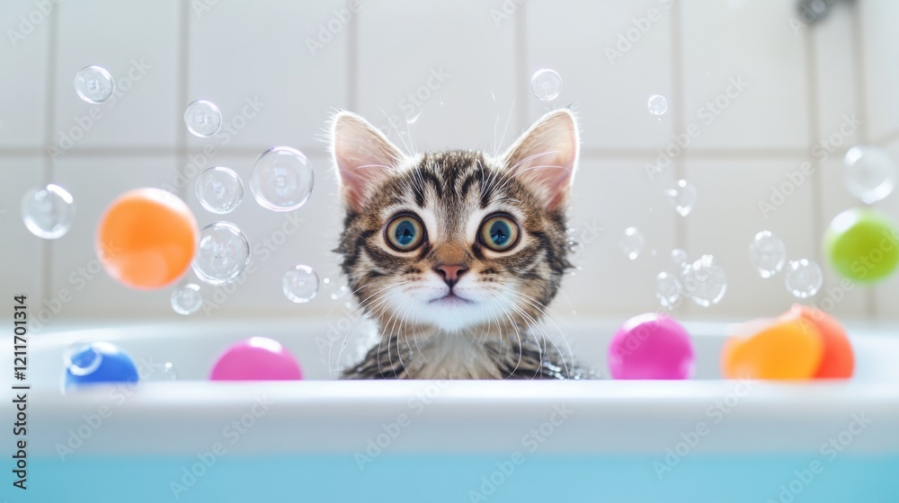 Poster a delightful image of a cat playing with bubbles in a bathtub, surrounded by floating toys, showcasi