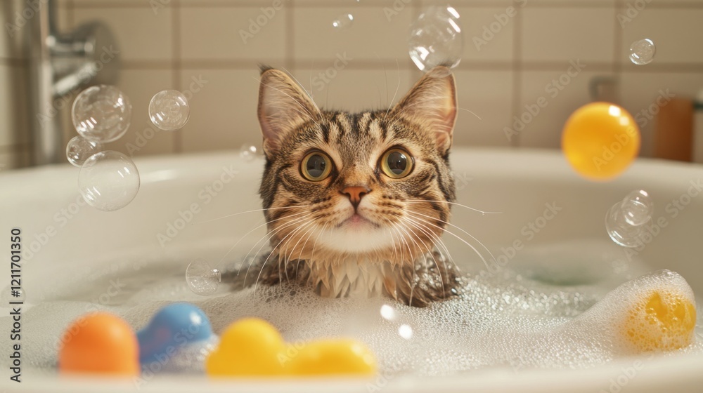 Poster a delightful image of a cat playing with bubbles in a bathtub, surrounded by floating toys, showcasi