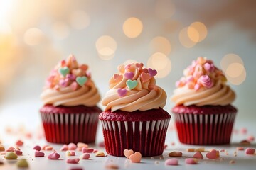 Red velvet cupcakes with heart-shaped sprinkles. 