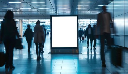 Blank billboard in a busy airport terminal with blurred people walking past.