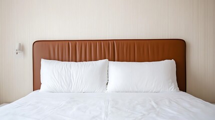Modern Bedroom Interior Design:  Brown Leather Headboard and Crisp White Bedding