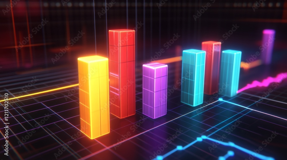 Poster A dynamic D bar graph with glowing neon bars, showing data comparison in a high-tech setting with grid lines and axis markers.