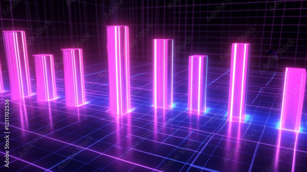 Poster a dynamic d bar graph with glowing neon bars, showing data comparison in a high-tech setting with gr