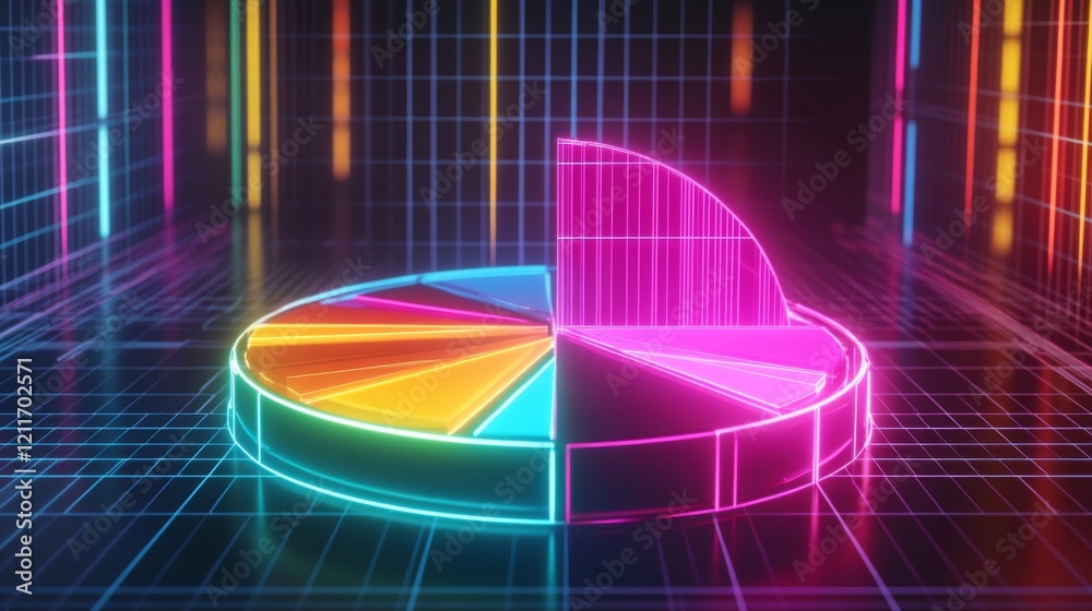 Poster A dynamic D pie chart with glowing neon-colored slices, separated to emphasize individual data points, set against a digital grid background.
