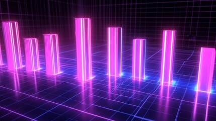 A dynamic D bar graph with glowing neon bars, showing data comparison in a high-tech setting with grid lines and axis markers.