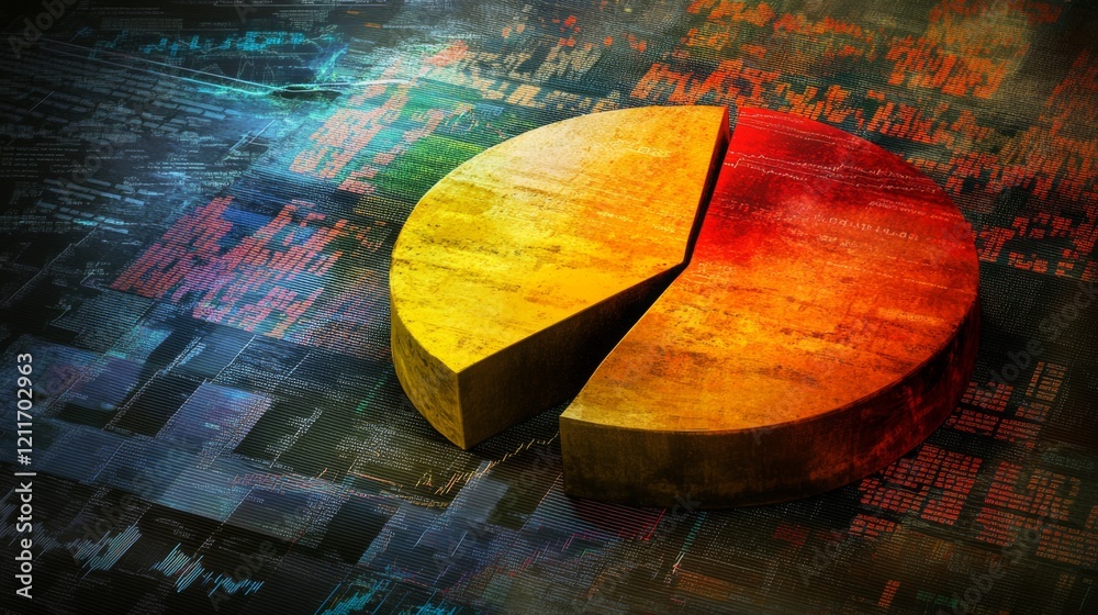 Fototapete A dynamic financial pie chart with segmented slices, showing investment portfolio allocation, overlaid on a digital background filled with stock market trends.