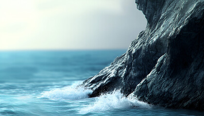 Rugged Coastal Cliff with Crashing Waves and Hazy Sky

