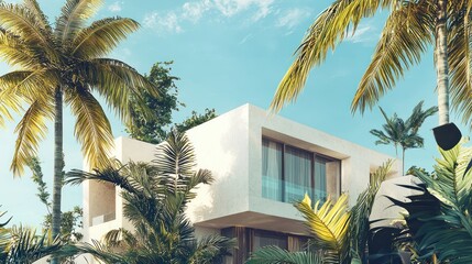 Fototapeta premium Luxury Tropical Villa: Modern Architecture Amidst Lush Palm Trees