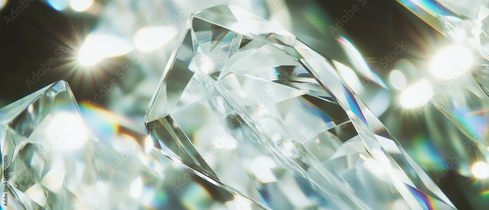 Poster faceted glass displaying stunning reflections and intricate cut edges in bright light environment