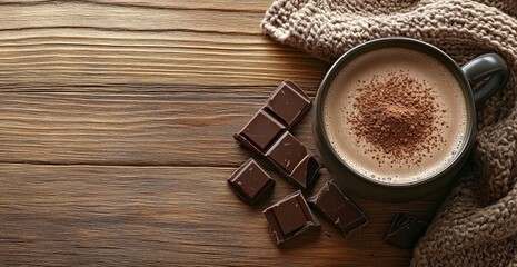 Warm cup of cocoa with chocolate pieces on wooden table