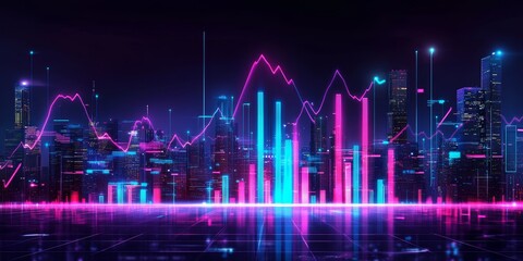 Neon cityscape with dynamic financial graphs overlay.