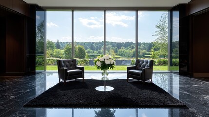 Fototapeta premium Luxurious lobby with scenic view, relaxing chairs, and elegant decor; ideal for corporate or real estate marketing