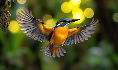 Colorful kingfisher in flight, wings spread.