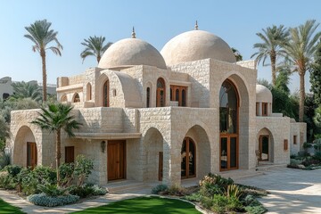 Elegant stone house, twin domes, lush landscaping.