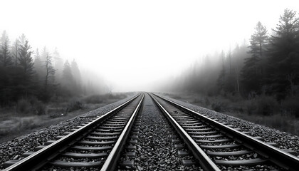 Fototapeta premium Railway Tracks Converging Into Mist Surrounded by Trees on a Foggy Morning