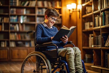 Disability. A child with disabilities in a wheelchair is reading a book in the library. Healthcare and medicine.