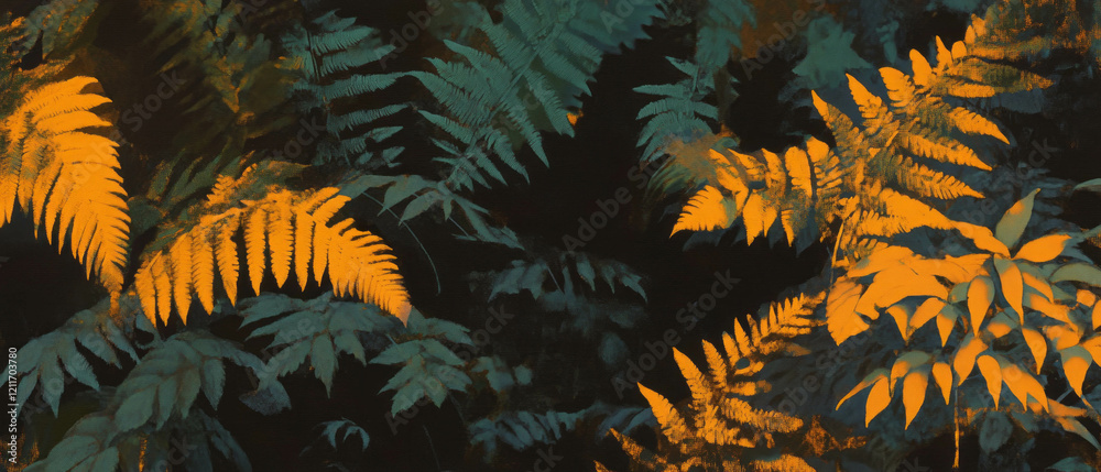 Poster intricate patterns of fern fronds and delicate leaves in vibrant colors