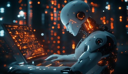 Futuristic robot using laptop, glowing circuits, digital bokeh background.