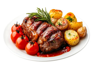 Homemade savory meatloaf with roasted potatoes and tomatoes close-up food photography