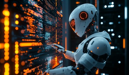 Futuristic robot interacting with a digital interface in a server room.