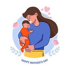 Sweet moment of a mother smiling while holding her newborn on white background, ideal for Mother's Day cards.