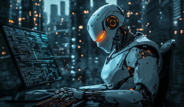 Futuristic robot programmer coding at night in a cyberpunk city.