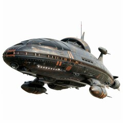 Retro rusty spaceship flying in white background