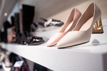 Stylish women shoes displayed on store shelf indoors