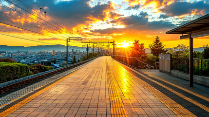 Fototapeta premium Golden Hour at the Train Station: Breathtaking Cityscape Views