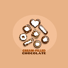 National Cream-Filled Chocolate Day to celebrate on February 14th. Chocolates in various shapes with toppings and cream filling on beige background.