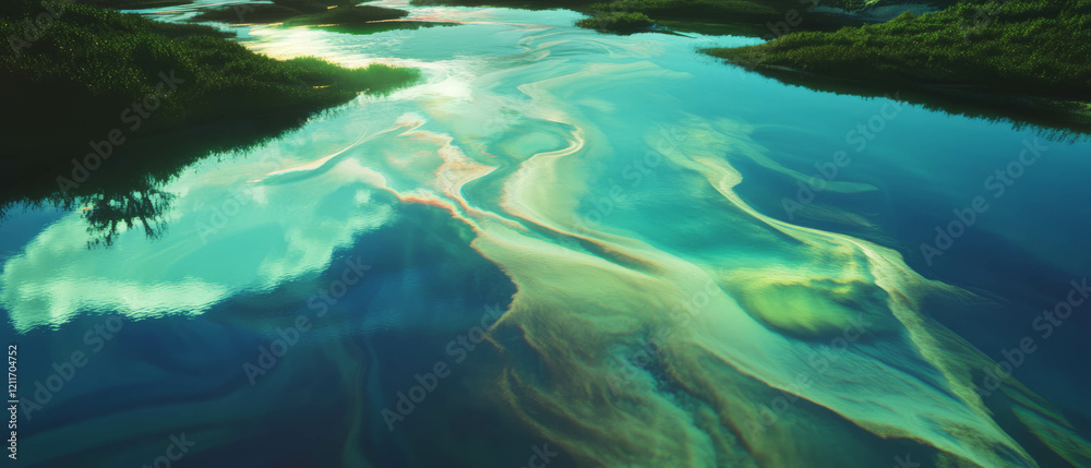 Poster flowing waters exhibit smooth currents and vibrant textures in a serene landscape